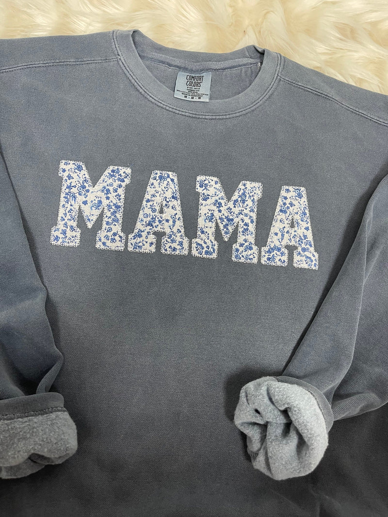 Comfort Colors DENIM Mama Embroidered Blue Floral Applique Sweatshirt  | Simple Mama Pullover, Gift for Mom, Personalized Mama Shirt,