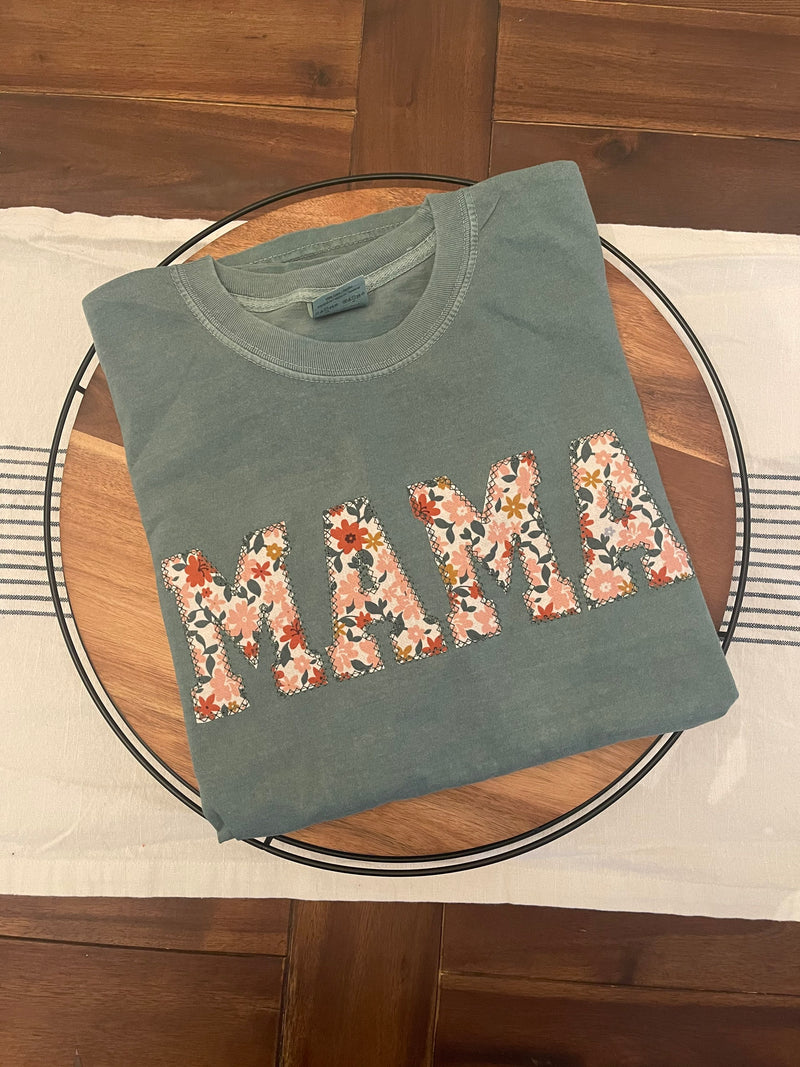 Comfort Colors Mama Embroidered Fall Floral Applique Short Sleeve Shirt  | Simple Mama Top, Gift for Mom, Personalized Mama Shirt