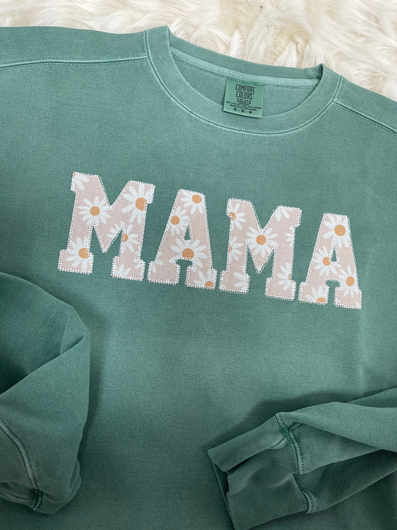Comfort Colors Mama Embroidered Daisy Neutral Applique Sweatshirt  | Simple Mama Pullover, Gift for Mom, Personalized Green Daisy Floral