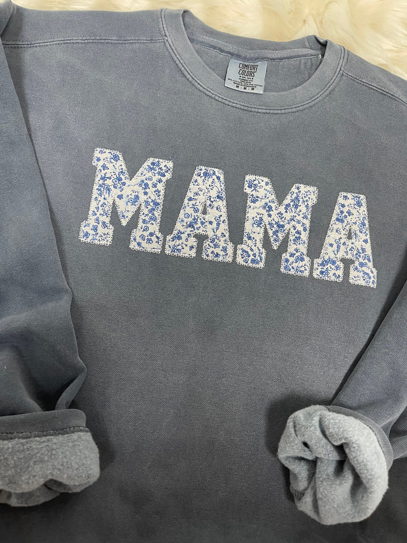 Comfort Colors DENIM Mama Embroidered Blue Floral Applique Sweatshirt  | Simple Mama Pullover, Gift for Mom, Personalized Mama Shirt,