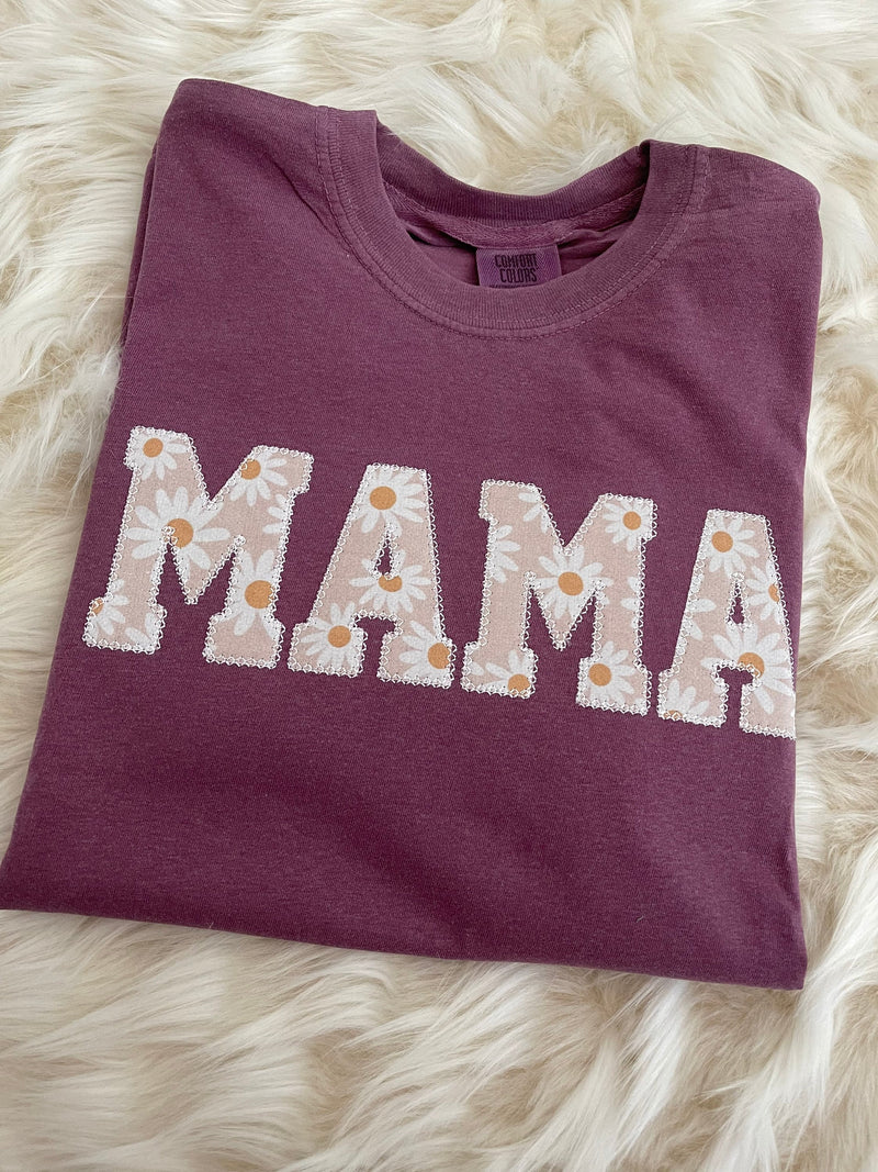 Comfort Colors Mama Embroidered Daisy Applique Berry Short Sleeve Shirt  | Simple Mama Top, Gift for Mom, Personalized Mama Shirt