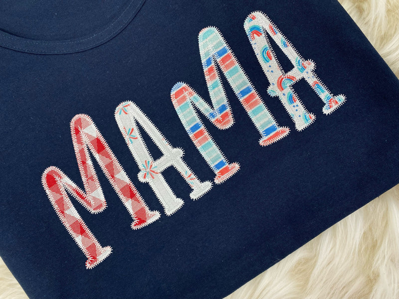 Mama Embroidered Red White Blue Applique Tank Top  | July Fourth Mama Top, 4th of July MAMA Tank Shirt