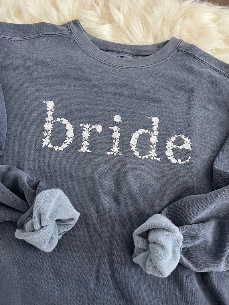 Comfort Colors Bride Embroidered Floral Crewneck Sweatshirt | Simple Mama Pullover, Gift for Bride, Personalized Wife Sweatshirt
