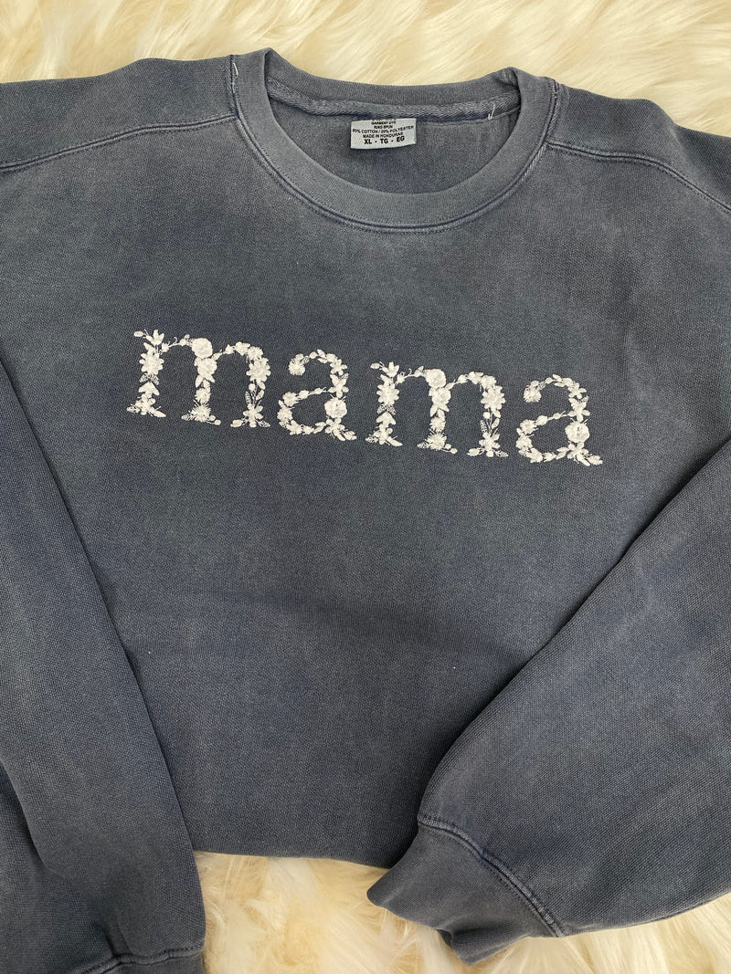 Comfort Colors Mama DENIM Embroidered Floral Sweatshirt | Simple Mama Pullover, Gift for Mom, Personalized Floral Mama Crewneck