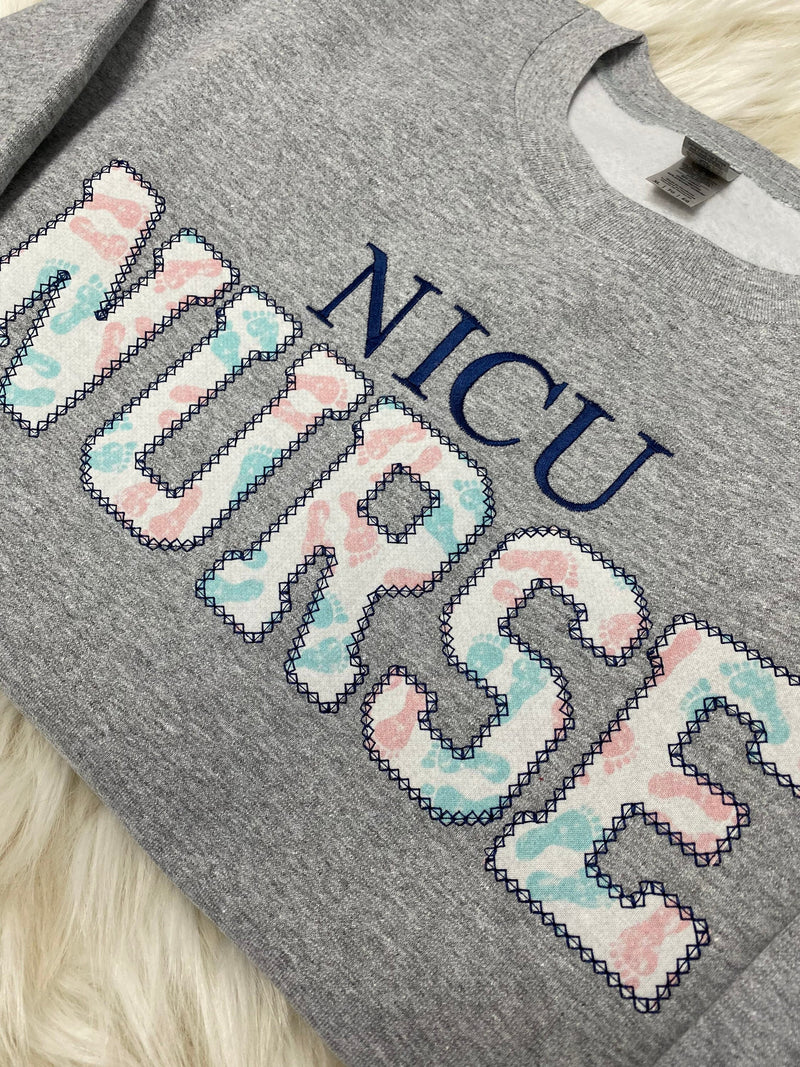 NICU Nurse Embroidered Applique Sweatshirt  | Simple Doctor Pullover, Gift for Medical Field, Personalized RN Shirt