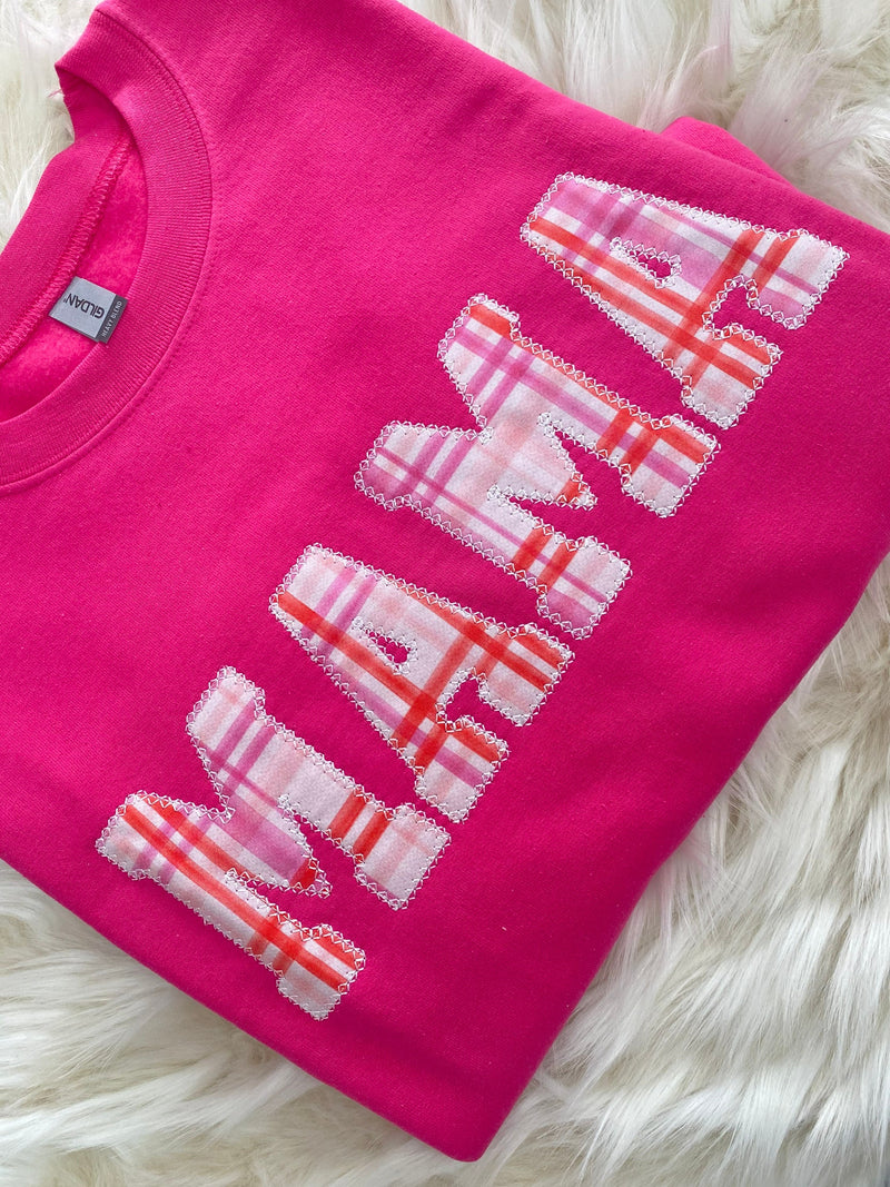 Mama Embroidered Pink Plaid Applique Sweatshirt  | Simple Mama Pullover, Gift for Mom, Hot Pink Valentines MAMA