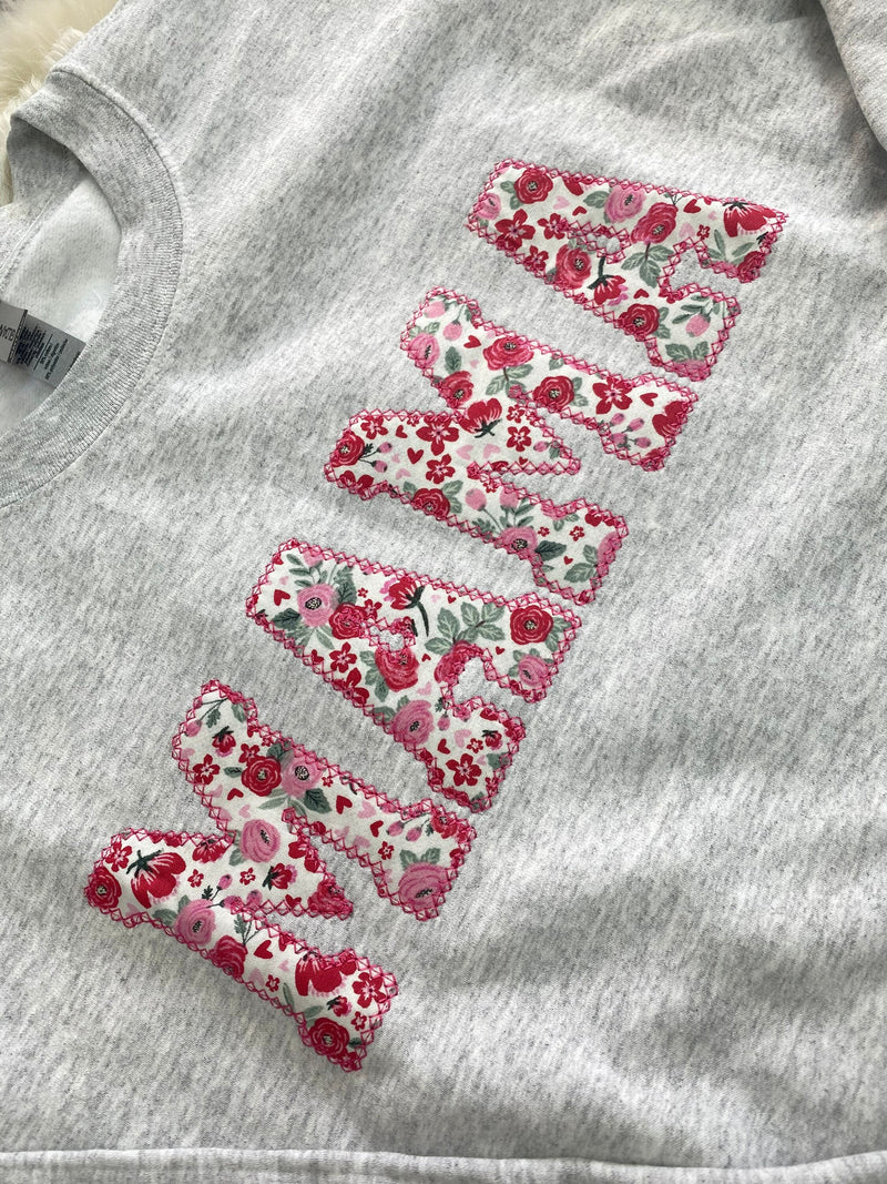 Mama Embroidered Pink and Red Floral Applique Sweatshirt  | Simple Mama Pullover, Gift for Mom, Hot Pink Valentines MAMA