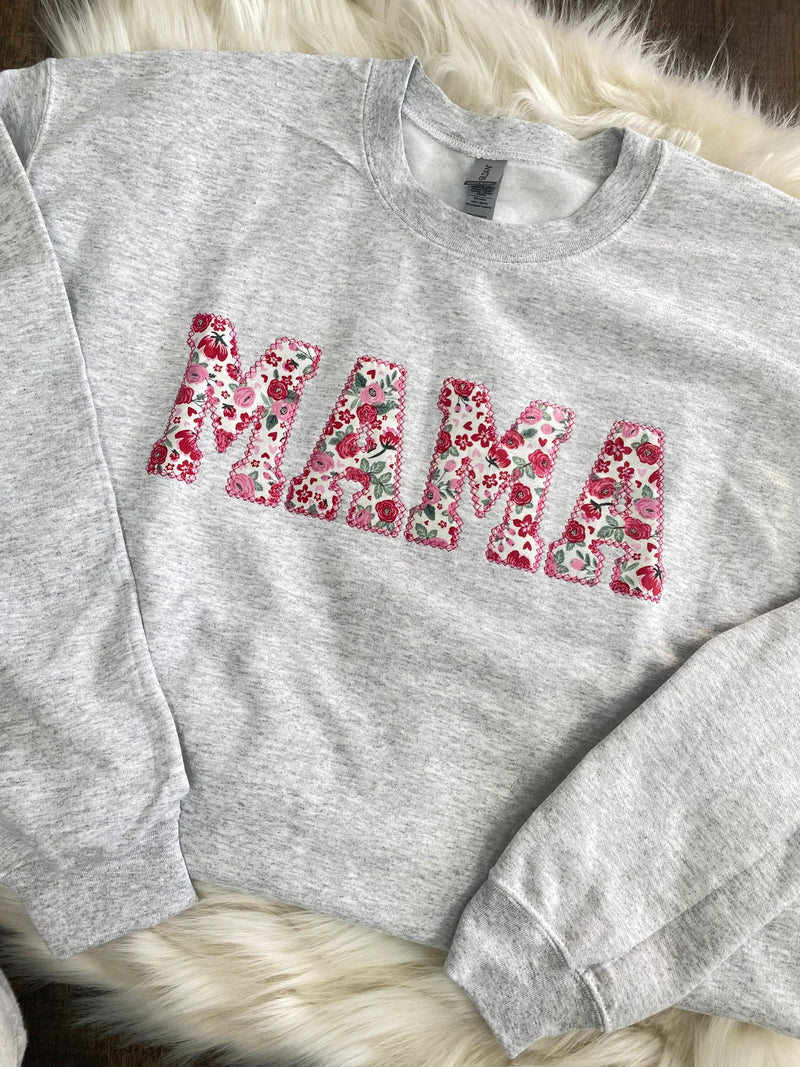 Mama Embroidered Pink and Red Floral Applique Sweatshirt  | Simple Mama Pullover, Gift for Mom, Hot Pink Valentines MAMA