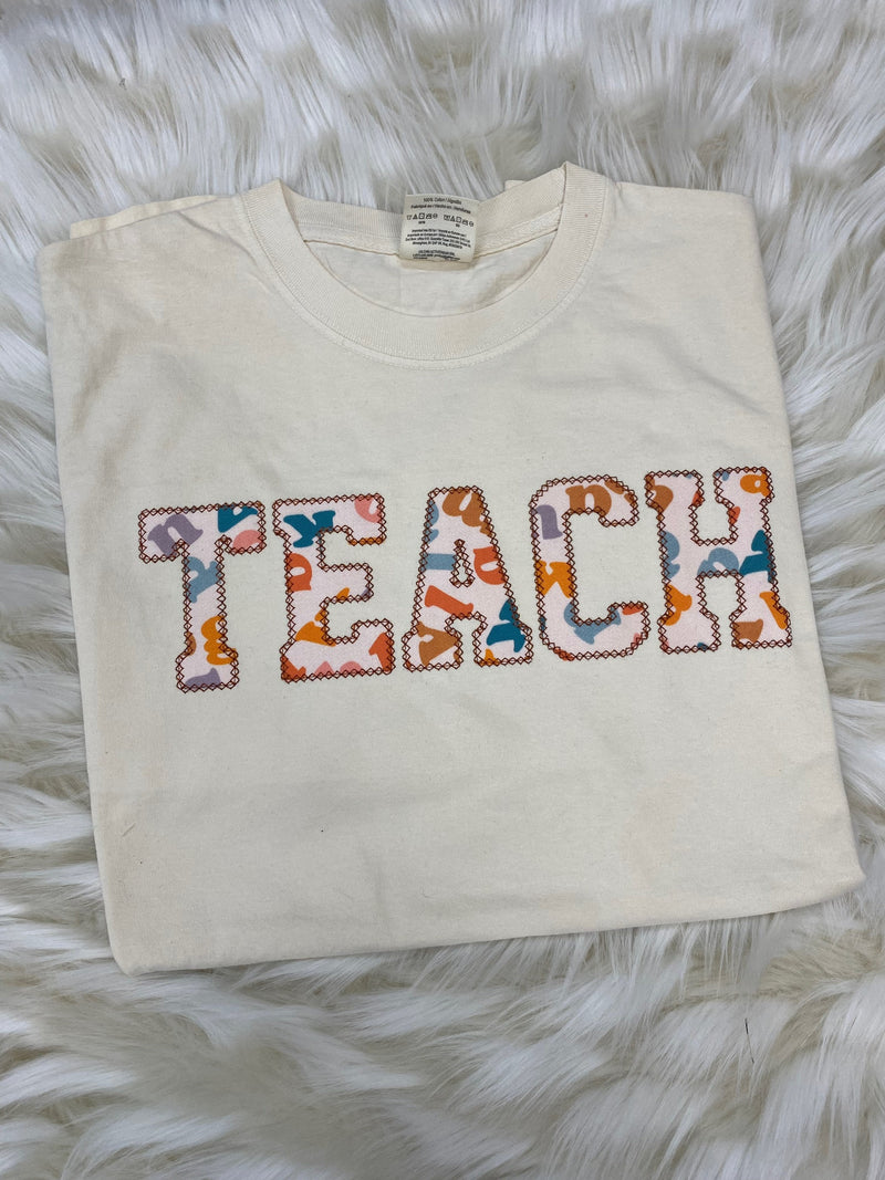 TEACH Embroidered Applique Comfort Colors T-Shirt  | Simple Letters Teacher Shirt, Gift for Teacher Librarian, Read Library Teacher Top