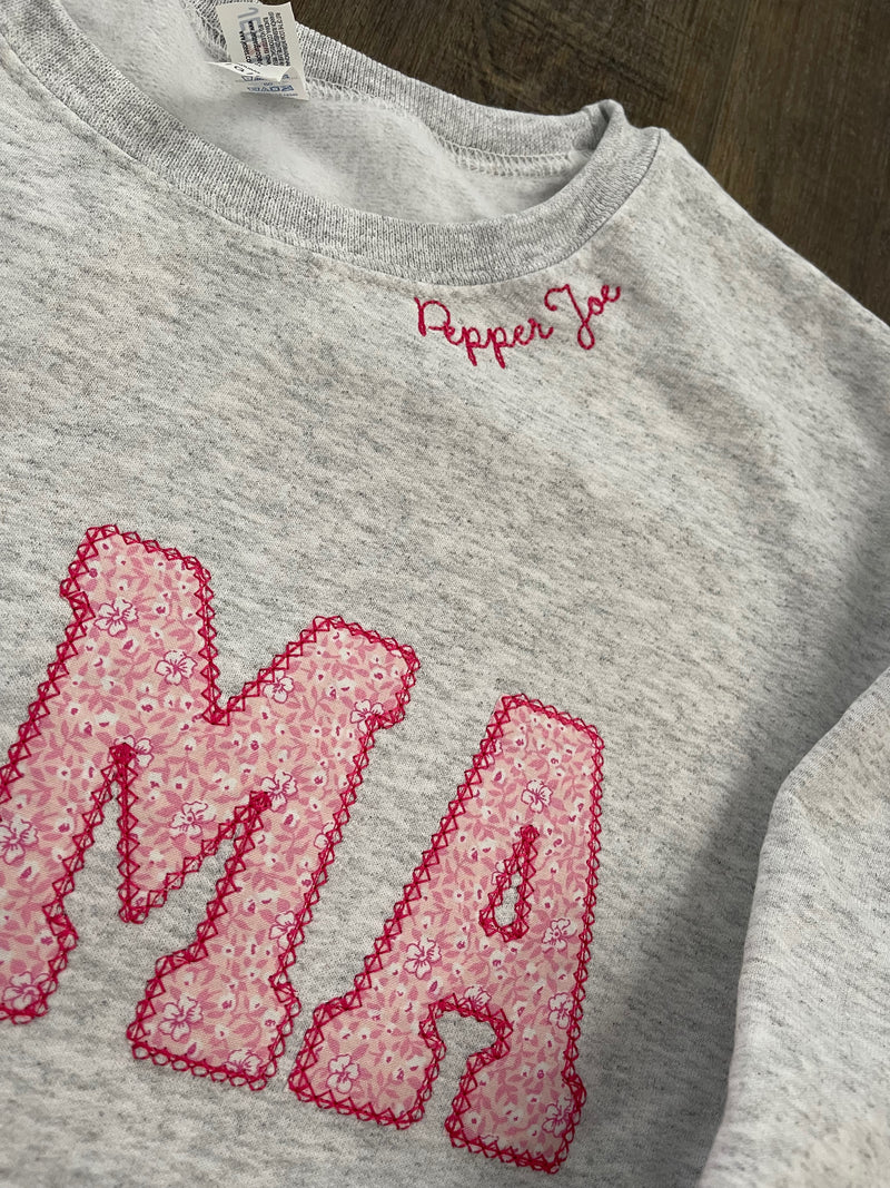 Mama Pink Floral Applique Embroidered Sweatshirt with Name on Collar