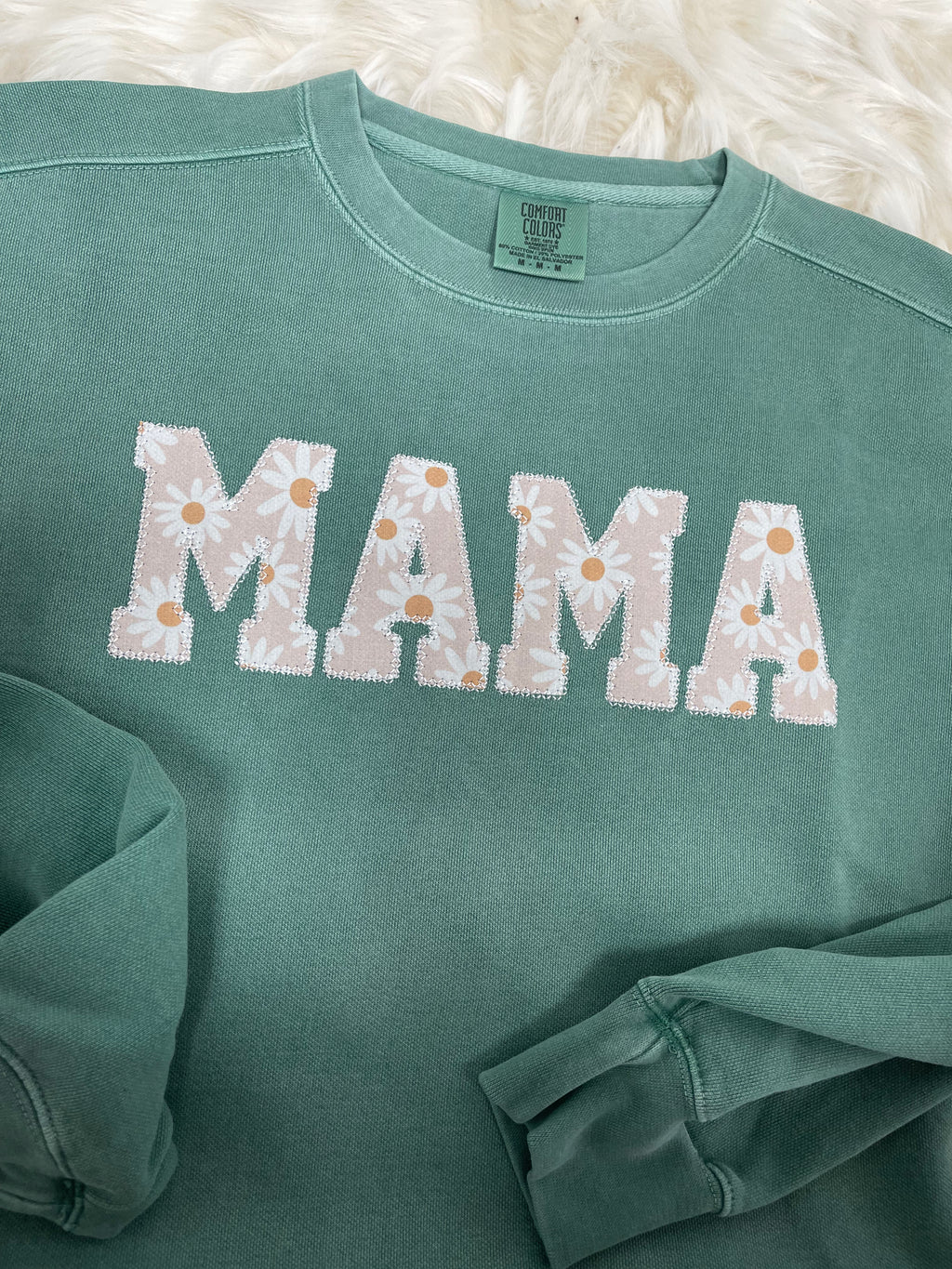 Comfort Colors Mama Embroidered Daisy Applique Sweatshirt  | Simple Mama Pullover, Gift for Mom, Personalized Light Green Daisy
