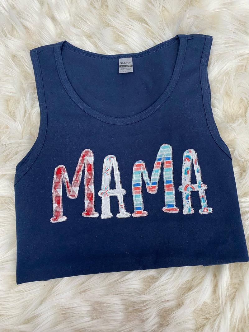 Mama Red White Blue Fourth of July Applique Tank Top