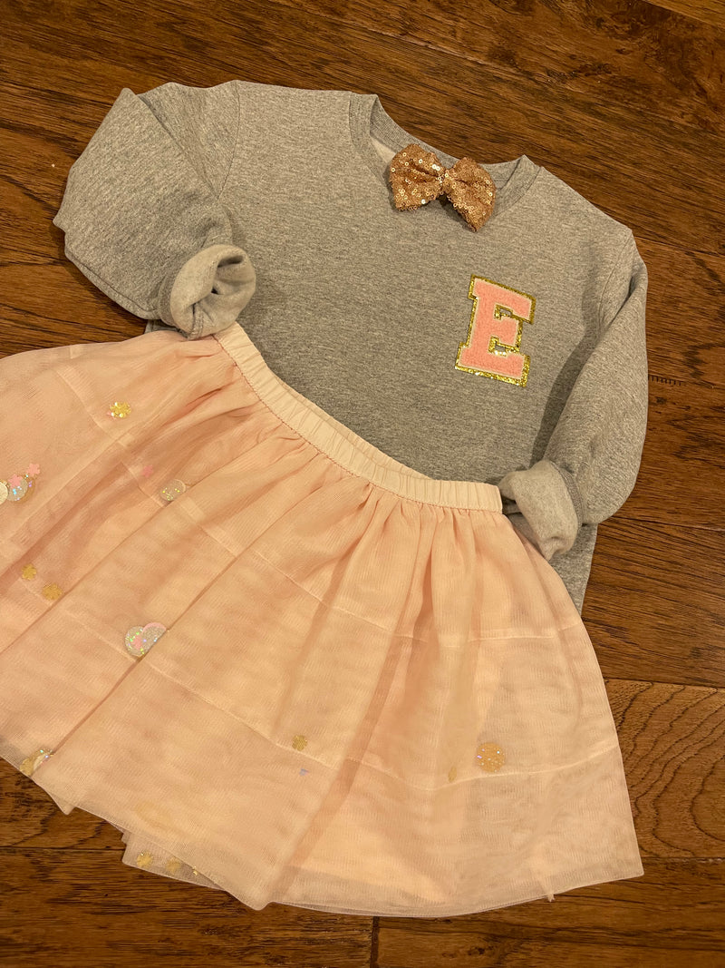 Toddler Single Initial Monogrammed Chenille Patch Applique Sweatshirt  | Little Kids Glitter Patch Pullover, SEWN ON