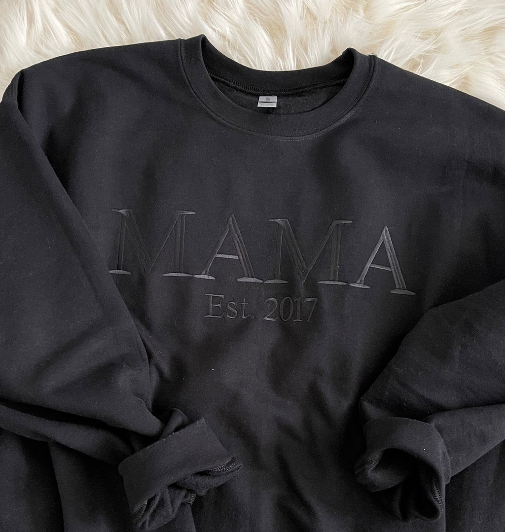 Mama Embroidered Tone on Tone Neutral Sweatshirt, Black on Black
