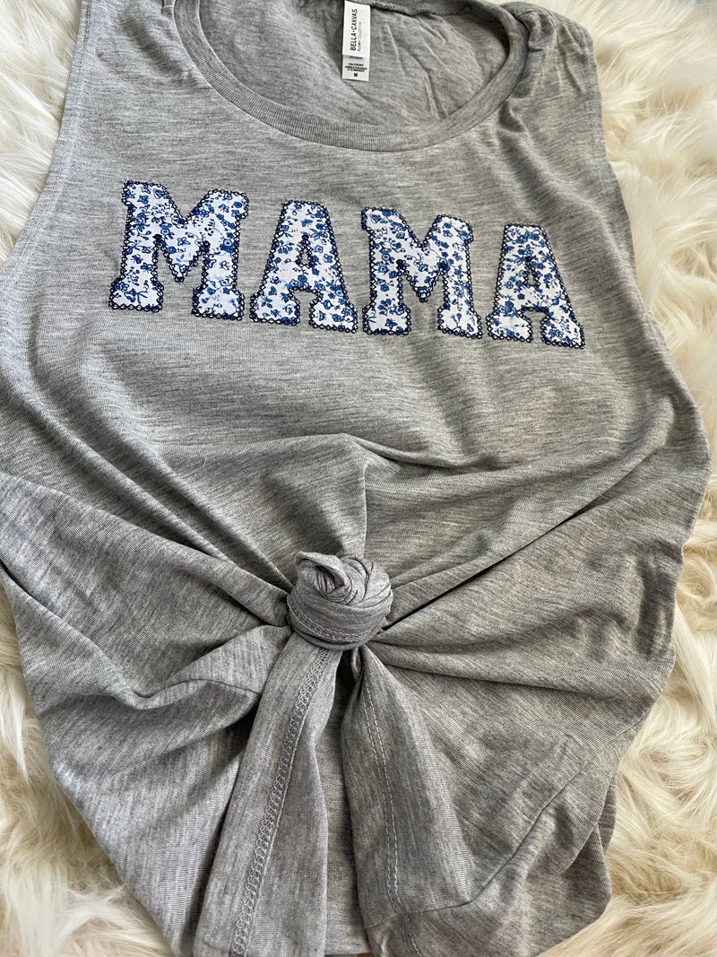 Mama Blue Floral Applique Embroidered Tank