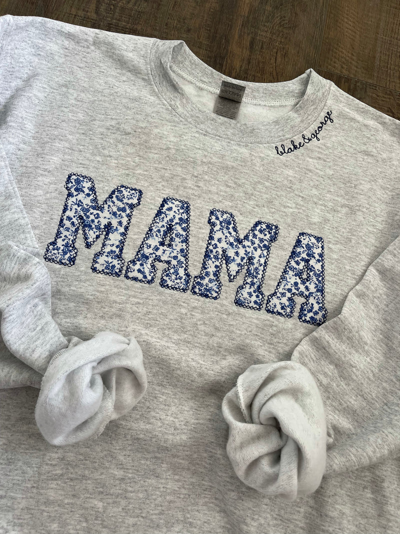 Mama Blue Floral Applique Embroidered Sweatshirt with Name on Collar