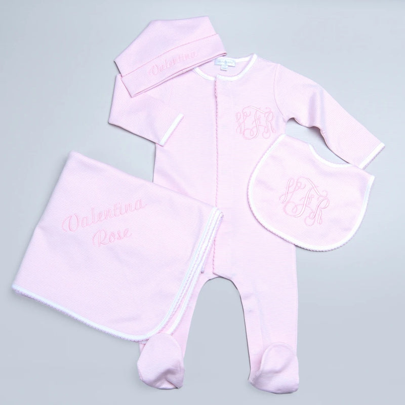 Embroidered Magnolia Baby Girl Pink Stripe Footie Cap Set