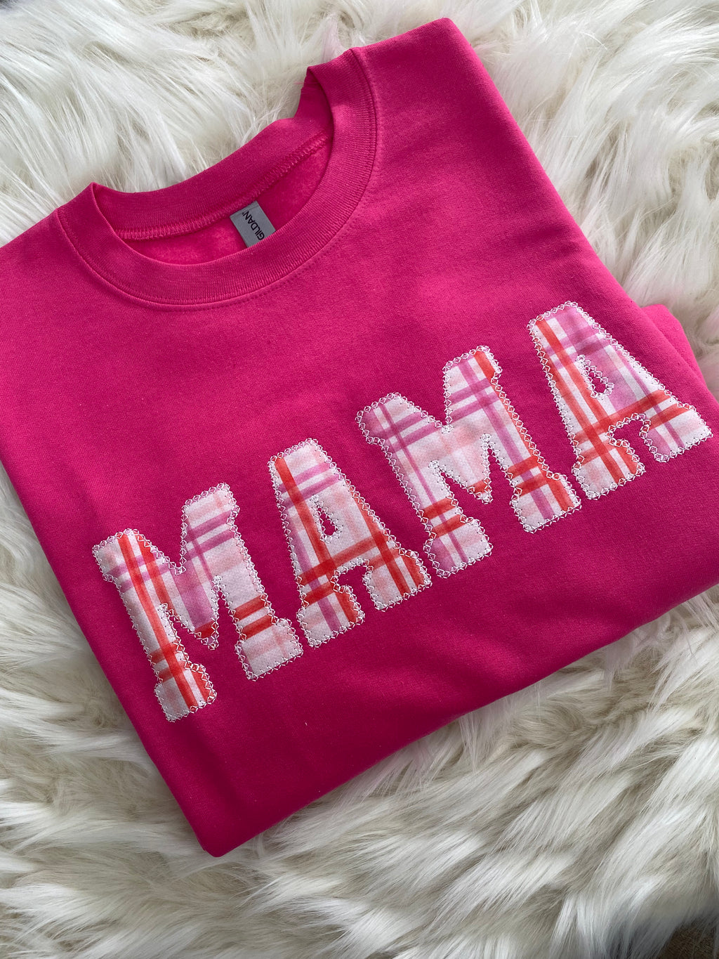 Mama Embroidered Pink Plaid Applique Sweatshirt