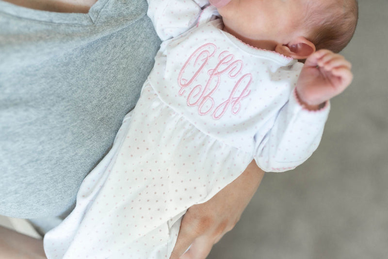 Monogrammed Magnolia Baby Girl Pink Mini Dots Gown