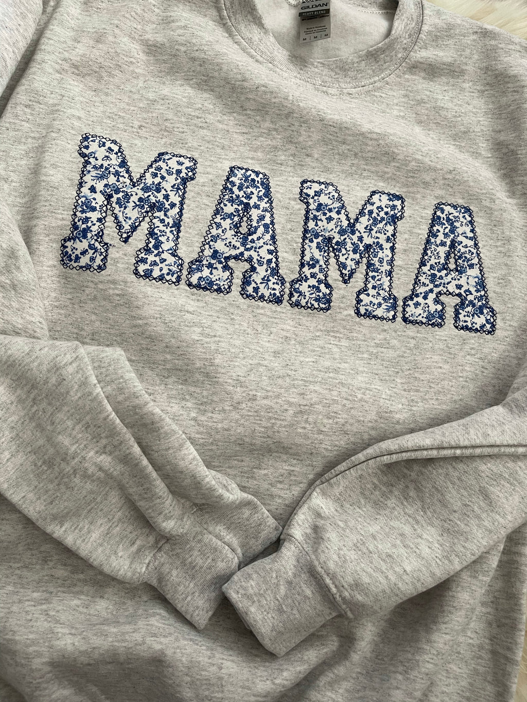 Mama Blue Floral Applique Embroidered Sweatshirt