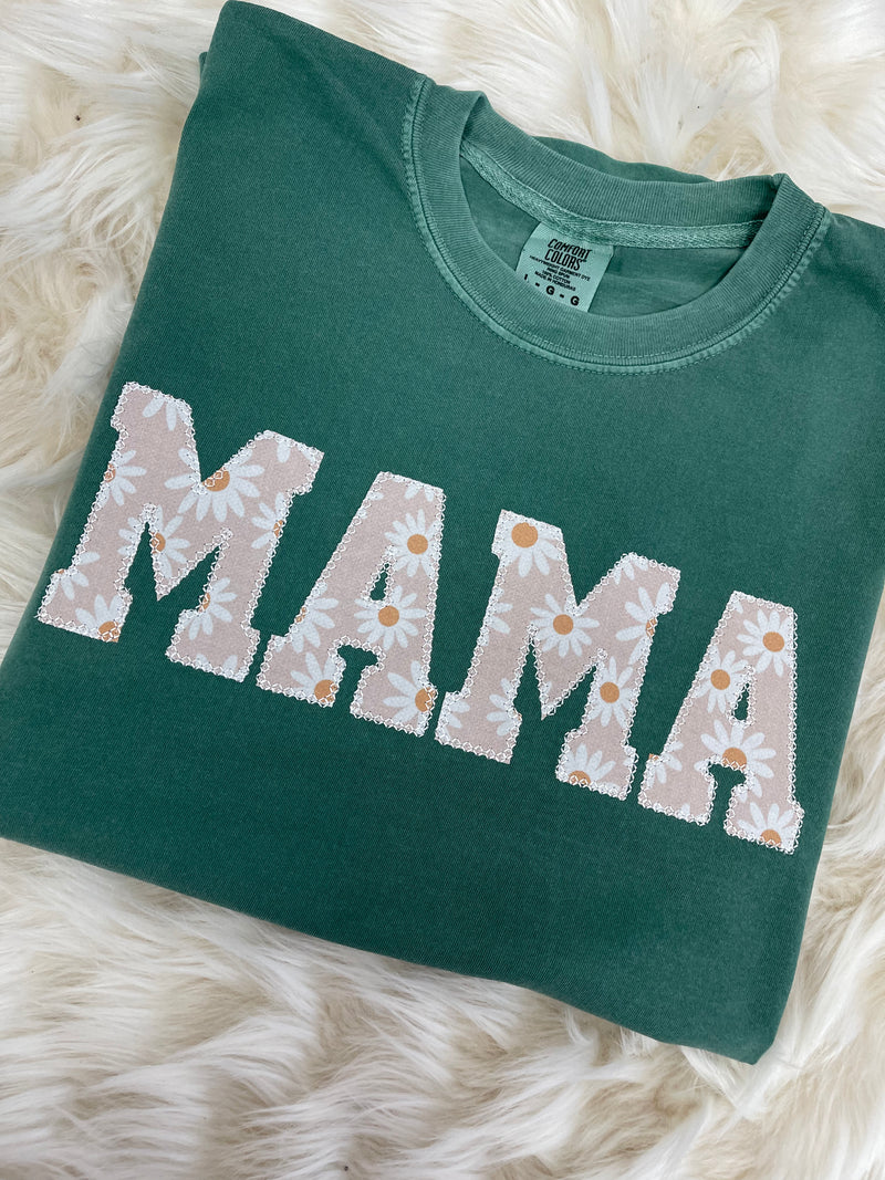 Comfort Colors Mama Embroidered Daisy Applique Short Sleeve Shirt  | Simple Mama Top, Gift for Mom, Personalized Mama Shirt