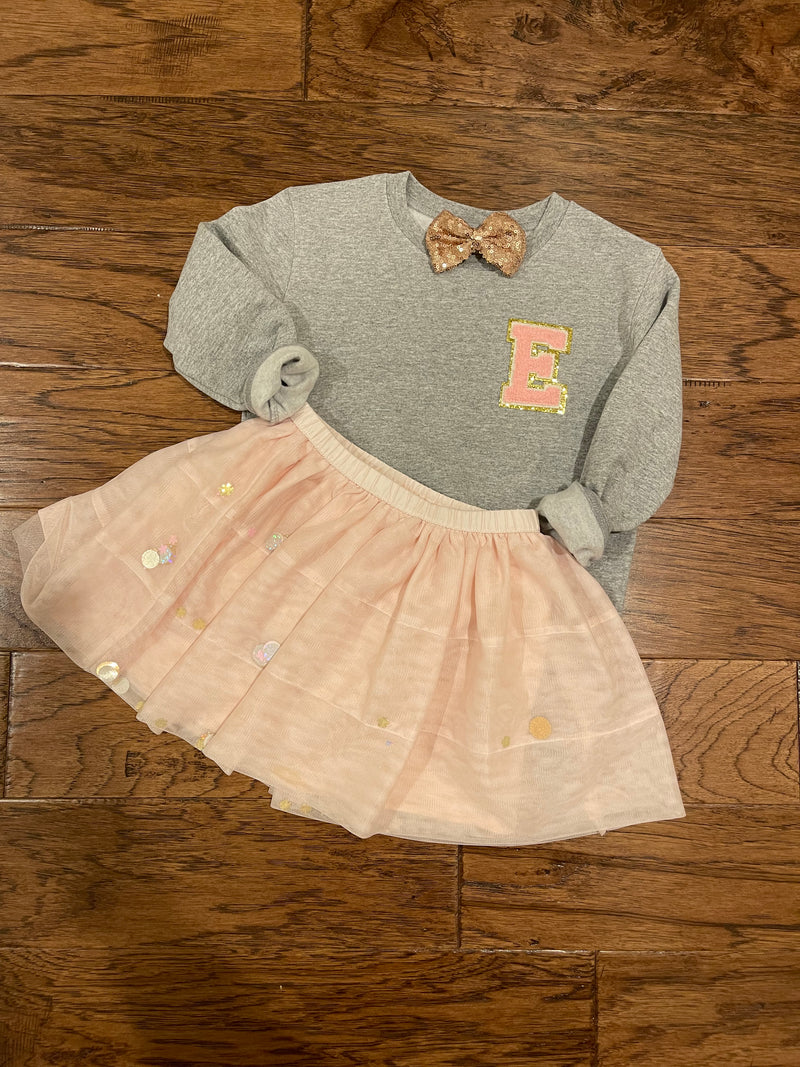 Toddler Single Initial Monogrammed Chenille Patch Applique Sweatshirt  | Little Kids Glitter Patch Pullover, SEWN ON