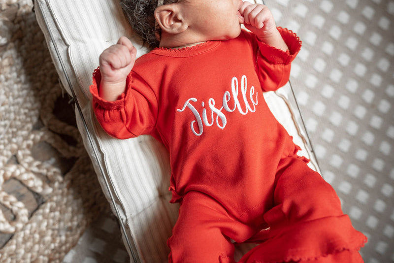 Monogrammed Red Ruffled Embroidered Baby Footie