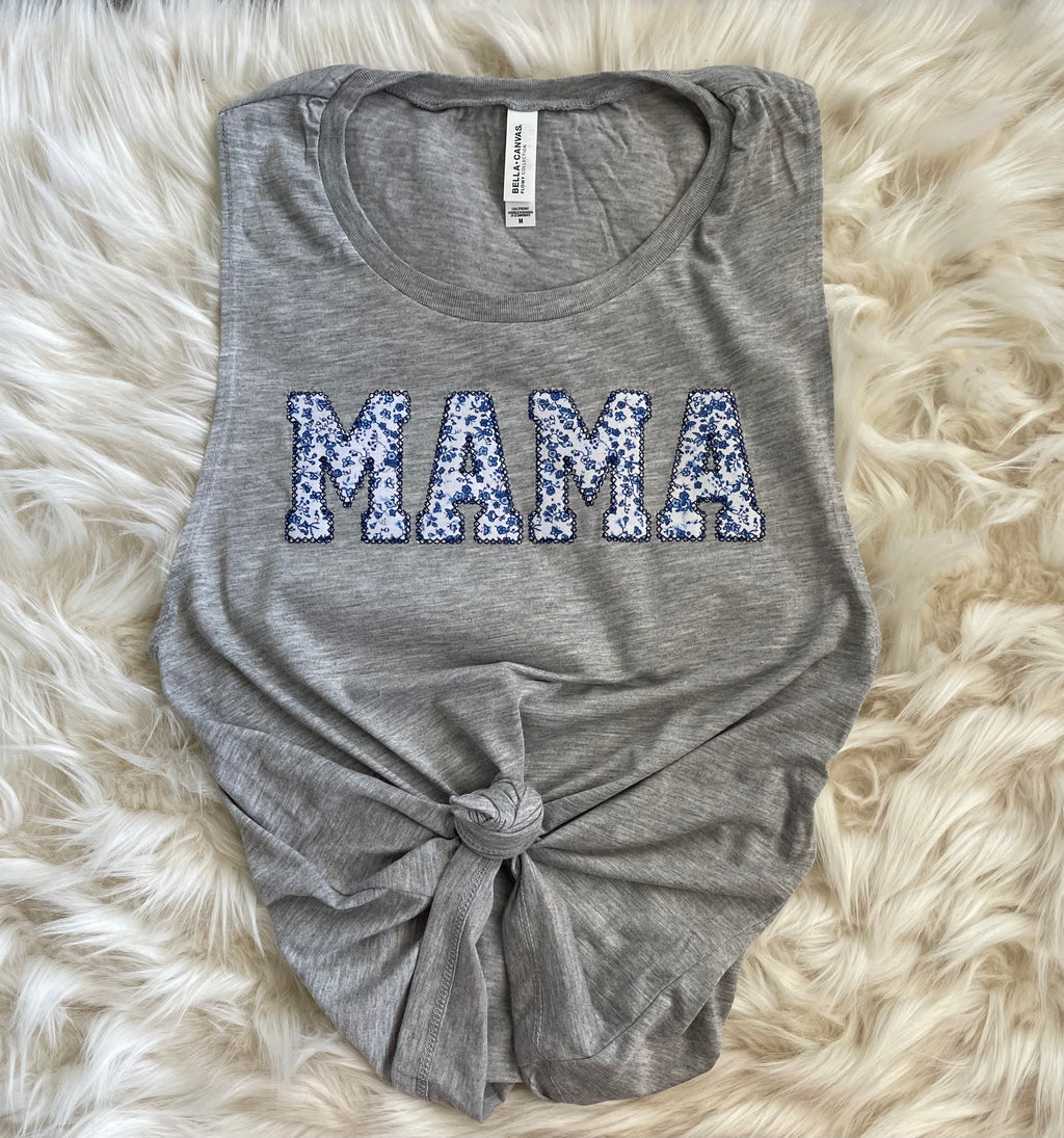 Mama Blue Floral Applique Embroidered Tank